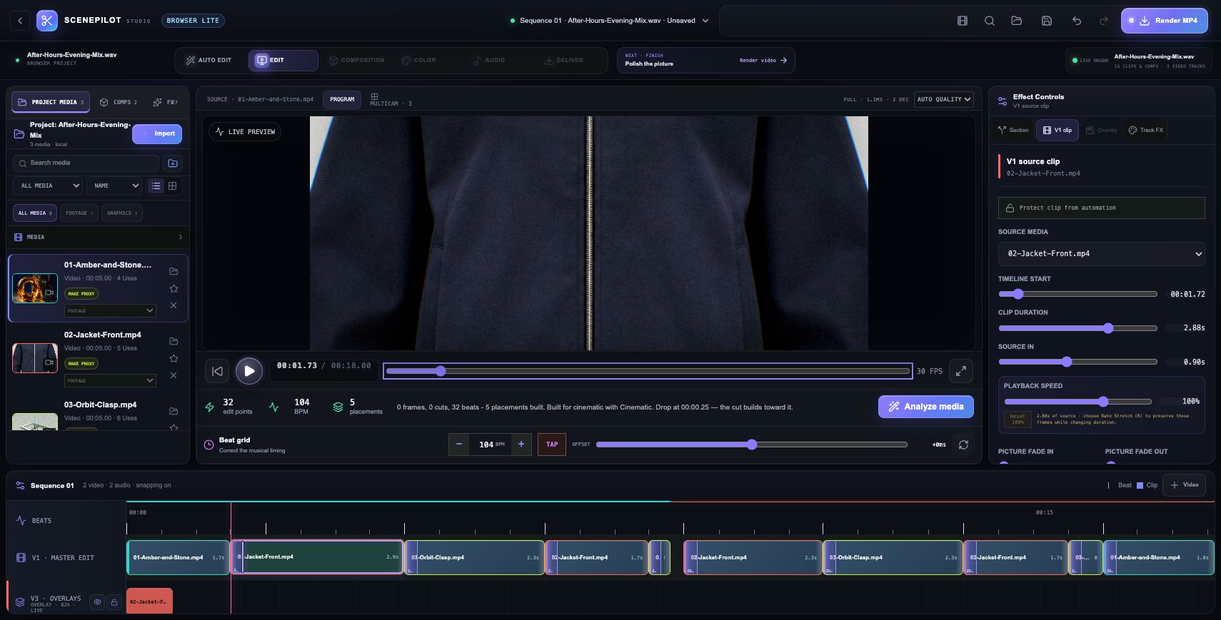 ScenePilot: Find the first cut. Cinematic mode analyzes the soundtrack at 104 BPM and creates ten master clips, with five additional overlay placements. The sequence stays editable.