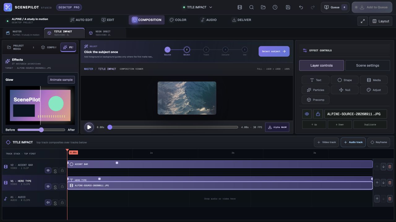 Actual ScenePilot FX browser showing effect recipes and its sample preview